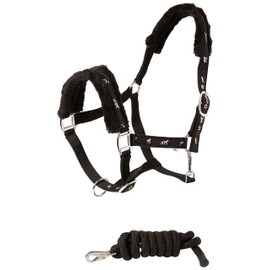 Cwell Equine NEW Horse print fur padded headcollars halter + matching lead Set BLACK FULL/COB/PONY (COB)