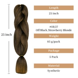BLACK 'N GOLD CLASSIC Braiding Hair, 25" Jumbo Synthetic Crochet Braids Hair Extensions, Pack of 5 Professional ltch Free Hot Water Setting Twist Hair(Color #1B/27)