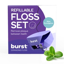 BURST Refillable Dental Floss Dispenser Set - Mint Eucalyptus Aroma - Expanding Floss - Stain-Absorbing, Woven Tooth Floss - Lavender Case + 32 Yards Charcoal Floss