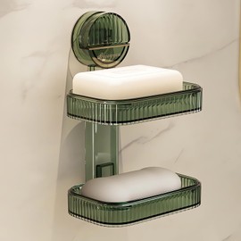 Dasellfa Soap Holder Shower Soap Holder Suction Cup Soap Dishes No Drilling with Drainage Suction Cup Soap Dishes for Bathroom Wall Mounting (Green 2-Layer)