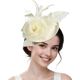 White Fascinators for Women Tea Party Church Hats 20s 50s Pillbox Cocktail Mesh Flower Feather Headband Creamy White