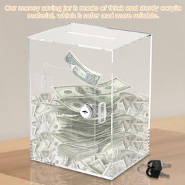 NIHUIFDPY Clear Piggy Bank for Adults, Acrylic Money Box, 15×12×20cm Rectangle Savings Jar with Key, No Need to Break Ages