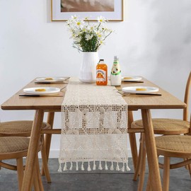 HAPMCH Cream Macrame Boho Table Runner with Tufted Tassels Crochet Wedding Table Runner Lace Vintage Farmhouse and Bohemian Dining Room Butterfly Pattern Home Decorative Art Off-White 12''X87''