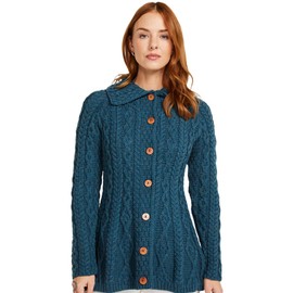 Cárdigan irlandés para mujer, 100% lana merina supersuave, con botones, fabricado en Irlanda, Dark Teal, L