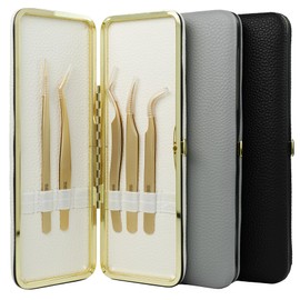 SEEDEW Tweezers Box Set, 5 PCS Isolation Pointy Precision Professional Stainless Tweezers with a PU Storage Case, Organizer Kit for Eyelash Extension, Beginner Lash Tech, Crafts Repair(Black, Golden)
