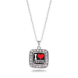 Inspired Silver - I Love Jesus - Silver Necklace for Women - Square Pendant Chain Necklace Jewelry Gift with Cubic Zirconia - Women's Necklace Charm with Lobster Claw Clasp