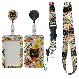 Tbecor Cute Black Cat Flowers Floral Id Badge Holder with Lanyard, Badge Reel Retractable and Detachable Name Tag Clips, Funny Teacher Lanyards for Id Badges, Nurse Worker Office Gifts