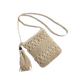 Women Straw Woven Bag, Straw Satchel Weave Bag Hand Knitting Square Shape Tassels Woven Bag for Beach Dating(Beige)