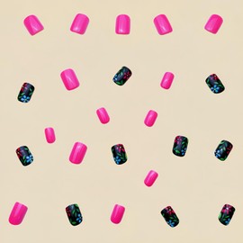 24Pcs Press On Nails Short Square Fake Nails Rose Pink Nails Press Ons Short Acrylic Nails False Nails With Leaf Flower Designs Full Cover Stick On Nails Fall Glue On Nails For Women