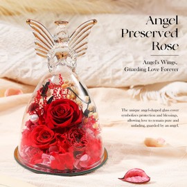 Christmas Angel Roses Gifts for Mom,Preserved Real Flowers Red Roses in Glass Angel Figurines, Christmas Birthday Gifts for Grandma Her Women Mom Wife Mother in Law.