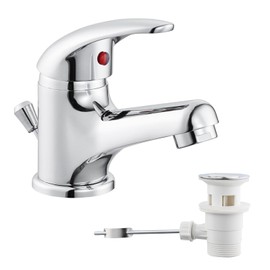 Bathroom Tap with Pull Rod, Small Single Lever Basin Mixer Tap with Drain Fitting, Single Lever Mixer Washbasin Mixer Tap for Bathroom Guest Toilet, Chrome