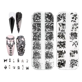 Jollin 1920 Pieces Flat Back Rhinestones Glass Charms Rhinestones Gemstones for Nail Art Multi Shapes Jet Hematite