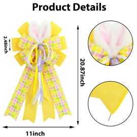 anshome Large Easter Bow for Wreath, Yellow Farmhouse Burlap Fabric Wreath Bows with Bunny Ears for Front Door Colorful Plaid Tree Topper Ornament Decor Bow with String for Spring Holiday Party