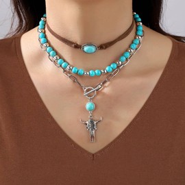 OLngMaMa Western Jewelry for Women - Boho Turquoise Jewelry Set with Turquoise Necklace, Earrings, Bracelet & Rings (turquoise boho style)