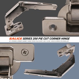 Salice Pie Cut Lazy Susan Corner Hinge, 65 Degree Opening for Kitchen Cabinet Bi-fold Door, Self Close, Dowelled, Nickel-Plated 200 Series, SAC2RYA99R