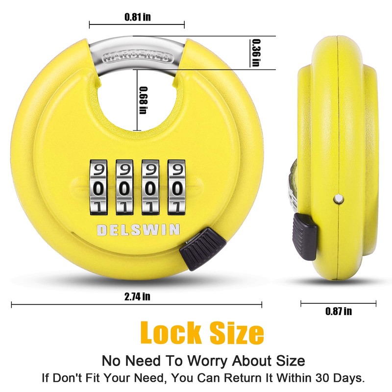 DELSWIN 4 Digit Combination Disc Padlock with Hardened Steel Shackle