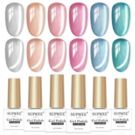 SUPWEE Cat Eye UV Gel Nail Polish Set 7 ml Spring Summer 6 Colours Moonlight Cat Magnetic Gel Nail Polish with 1 Magnet Soak-Off 9D Holographic Magnetic for Nail Art Manicure Salon