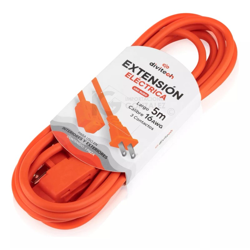 Divitech® Extensión Eléctrica Uso Rudo Multicontacto 5 Metros Cable De