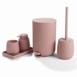 GAHEFY Pink Bathroom Accessories Set with Small Trash Can 3 Liter/0.8 Gallon,Toothbrush Holder,Soap Dispenser,Vanity Tray,Toilet Brush and Holder Pink 5PCS