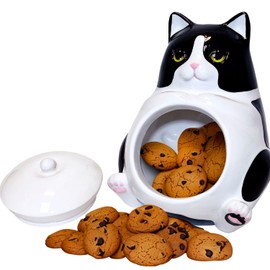 Streamline Imagined Ceramic Fat Cat Cookie Jar, Black and White, 6.89 x 6.89 x 8.66 inches