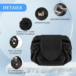 URAQT Lay Flat Drawstring Makeup Bag, Large-Capacity Travel Cosmetic Pouch, Portable Quick Pack Lazy Drawstring Make Up Bag for Daily Use, Magic Cosmetic Bag with Small Pocket for Women, Black