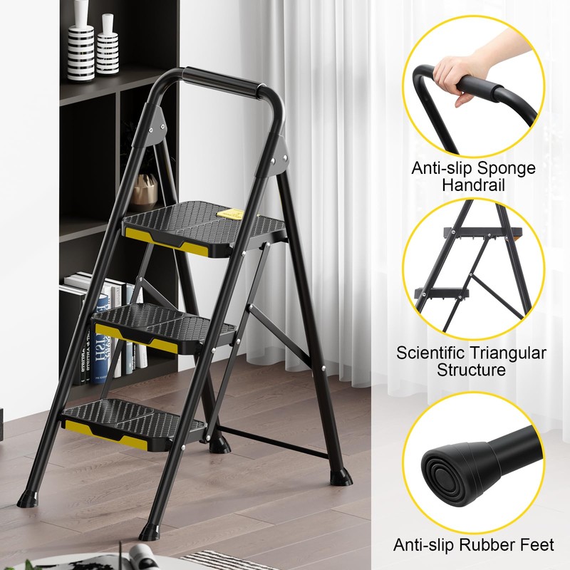 KINGRACK 3 Step Ladder, Sturdy Steel Step Stool with Safe-Lock