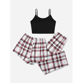 GORGLITTER Women's 3 Piece Summer Pajama Set Sleeveless Scoop Neck Cami Tops with Plaid Shorts & Pants Sleepwear Red Black Multi M