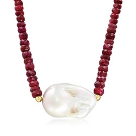 Ross-Simons 24x13mm Cultured Baroque Pearl and 70.00 ct. t.w. Ruby Bead Necklace With 18kt Gold Over Sterling. 18 inches