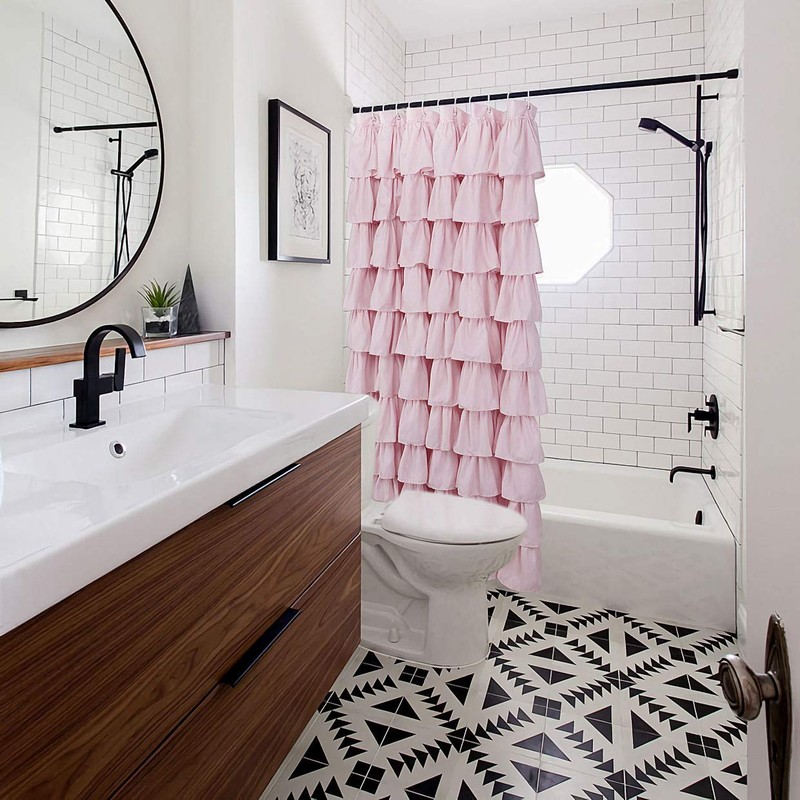 Volens Pink Ruffle Shower Curtain Farmhouse/Rustic Fabric Cloth Shower Curtains