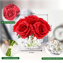 rubystory 7 Large Stem Rose Red Artificial Flowers in Vase, Silk Flowers Arrangement in Round Glass Vase Without Water for Home Decor, Wedding Table (Red)