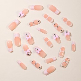 24Pcs Bow Press on Nails Long Coffin Nails White French Tip Fake Nails with Rhinestones Designs Pink Bow False Nails Full Cover Cute French Acrylic Nails Shining Diamond Glue on Nails for Women
