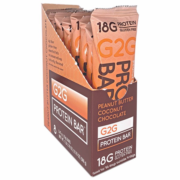 G2G Protein Bar, Peanut Butter Coconut Chocolate, Real Food, Refrigerated for Freshness, Healthy Snack, Delicious Meal Replacement, Gluten-Free, 8 Count (Pack of 8)