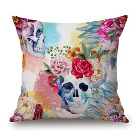 Cotton Linen Pillow Cover Watercolor Flower Peony Pen Boho Skull Pattern Throw Pillow Case Cushion Cover Pillowcase for Sofa Home Bed Decorative 18"x18"