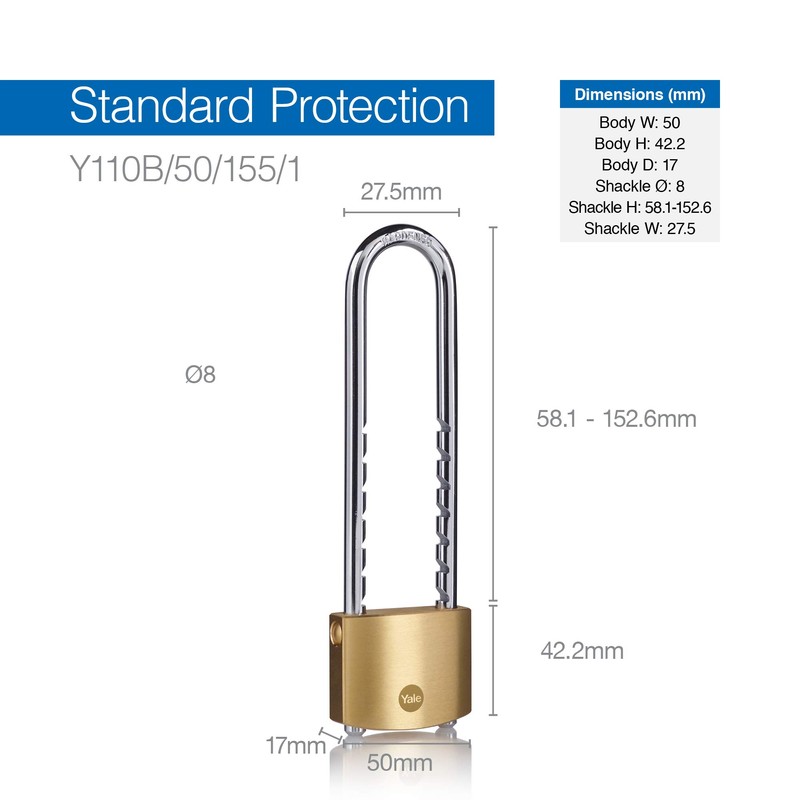 Yale Y110B/50/155/1/B Brass Padlock 50 mm Adjustable Shackle Piece 1