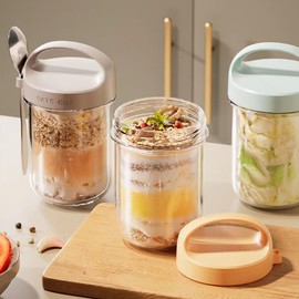 Habwah 3 Pack Overnight Oats jars with Lids and Spoons, Reusable Glass Overnight Oats Container with Measurement Marks, Breakfast Pots (430 ml)