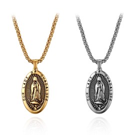 Flongo Rosary Chain Necklace, Stainless Steel Pendant Necklace Chain Silver Gold Golden Virgin Mary Saint Mary Mother of God Retro Medallion Men Women, Stainless steel, high-quality