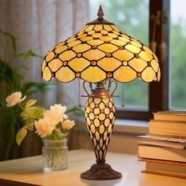 Capulina Tiffany Table Lamp 3-Light with Nightlight 16X16X25 Inches Amber Beads Style Stained Glass Mother-Daughter Vase Desk Light for Home Office Living Room Bedroom
