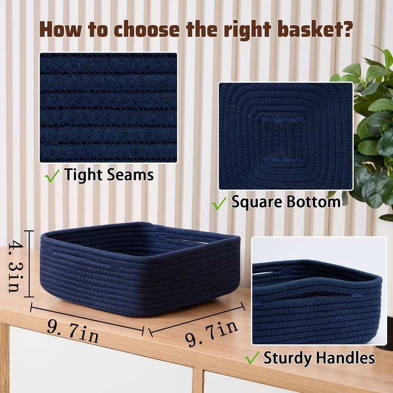 MiniArk Small Square Shallow Baskets for Organizing, 9.7x9.7x4.3 Inch Rope