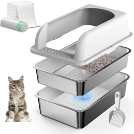 19.6''x13.7''x12'', Stainless Steel Litter Box with Lid, Sifting Cat Litter Box for Pine Pellets, High Sides Metal Litter Pan for High Peeing Cats, Anti-Leakage, Easy Cleaning, Less Tracking