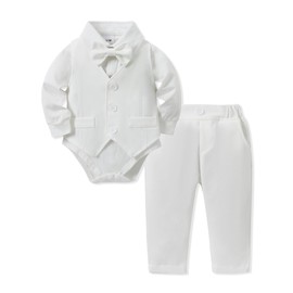 Amissz Baby Boy Christening Suit 0-18 Months Newborn Christening Suit Wedding Outfit Party Baby Clothes Romper + Bowtie + Vest + Pants Set, White
