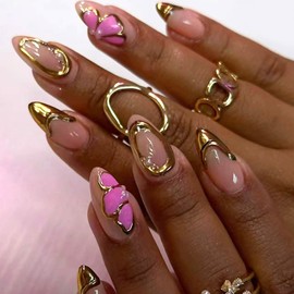 24Pcs French Tip Press on Nails Medium Almond Fake Nails with Pearls Flower Design Gold Chrome French False Nails Full Cover Glue on Nails Glossy Artificial Nails for Coquette Women Girls