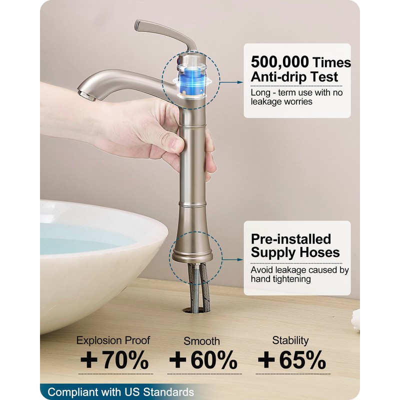 HEYMYTAP Brass Vessel Sink Faucet Brushed Nickel, Single Handle Tall