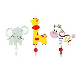Mousehouse Gifts Set of Three Safari Animal Themed Single Wooden Coat Hooks Wall Hooks Elephant Giraffe & Zebra ideal for Boys or Girls Nursery or Bedroom