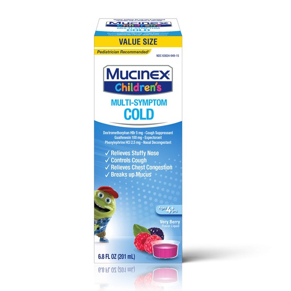 Mucinex Cough Suppresent Chest Congestion and Stuffy Nose Relief Children's Multi-Symptom Cold Liquid, Very Berry, 6.8 Fl Oz (Pack of 1)