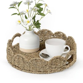 WEAVELYRICS Natural Seagrass Scalloped Tray, Woven Coffee Table Tray with Handles, Round Wicker Decorative Serving Scalloped Trays for Home Decor, Kitchen Counter, Farmhouse and Outdoor