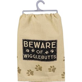Primitives by Kathy Cotton Dish Towel - Beware of Wigglebutts Sentiment, Dog Design, Kitchen/Bathroom Decor, Tea Towels, 28"x28"