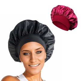 Satin Hat Sleep Silk Round Fabric Protect Hair Comfort Hair Night Anti-frizz Sleeping Hat Four Seasons Breathability Sleep Cap:_Black+Pink