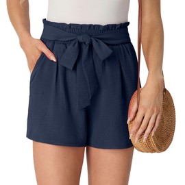 PrinStory Ladies' Shorts With Elastic Waistband, Pleated Drawstring Design, Summer Leisure Shopping, Sports Walking, Beach, Loose Pocket Shorts (Navy Blue, M)