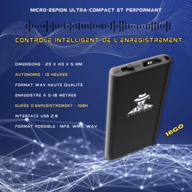 Micro Spy Device - The Smallest Ultra Compact Voice Recorder (4 x 2 cm, 5 mm Thick) - Discreet and Ideal for Meetings, Car, Surveillance and Conferences