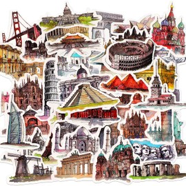 84 Pieces Scenic Luggage Decals Stickers World Architecture Suitcase Stickers Tourism Landmark Buildings Stickers Retro Bike Decals Stickers Waterproof PVC Stickers for Laptop Scrapbook Water Bottle